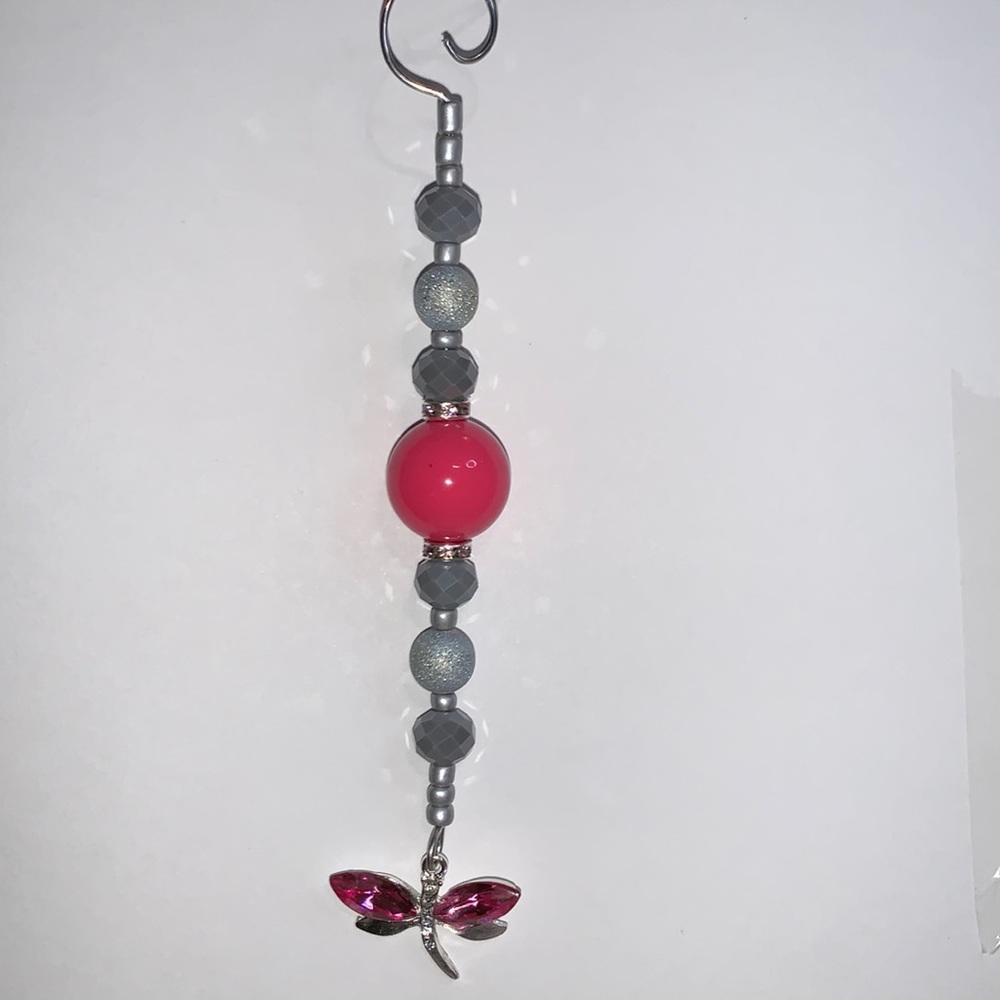 Handcrafted Pink Dragonfly Silver accents Bling Mirror Drop Dangle Grey Beads